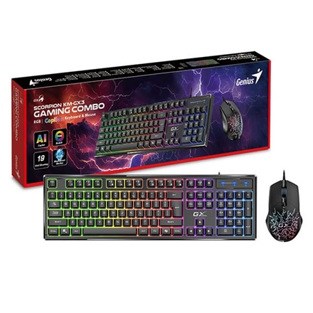 Genius Billentyűzet - Scorpion KM-GX3 (Vezetékes gamer billentyű + egér , USB, RGB, fekete)